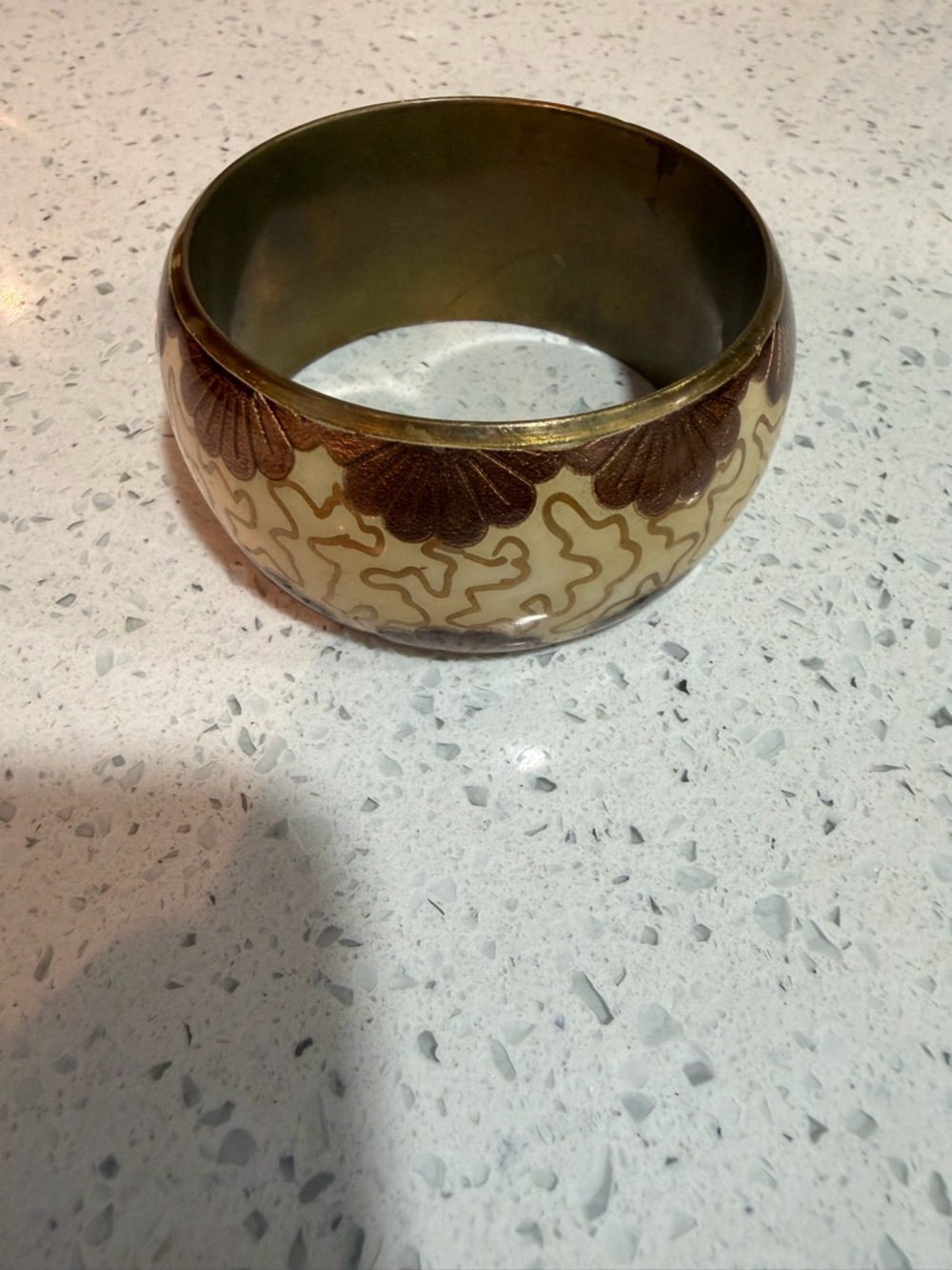 Wide Cream and Brown Bangle Bracelet with Brass Interior